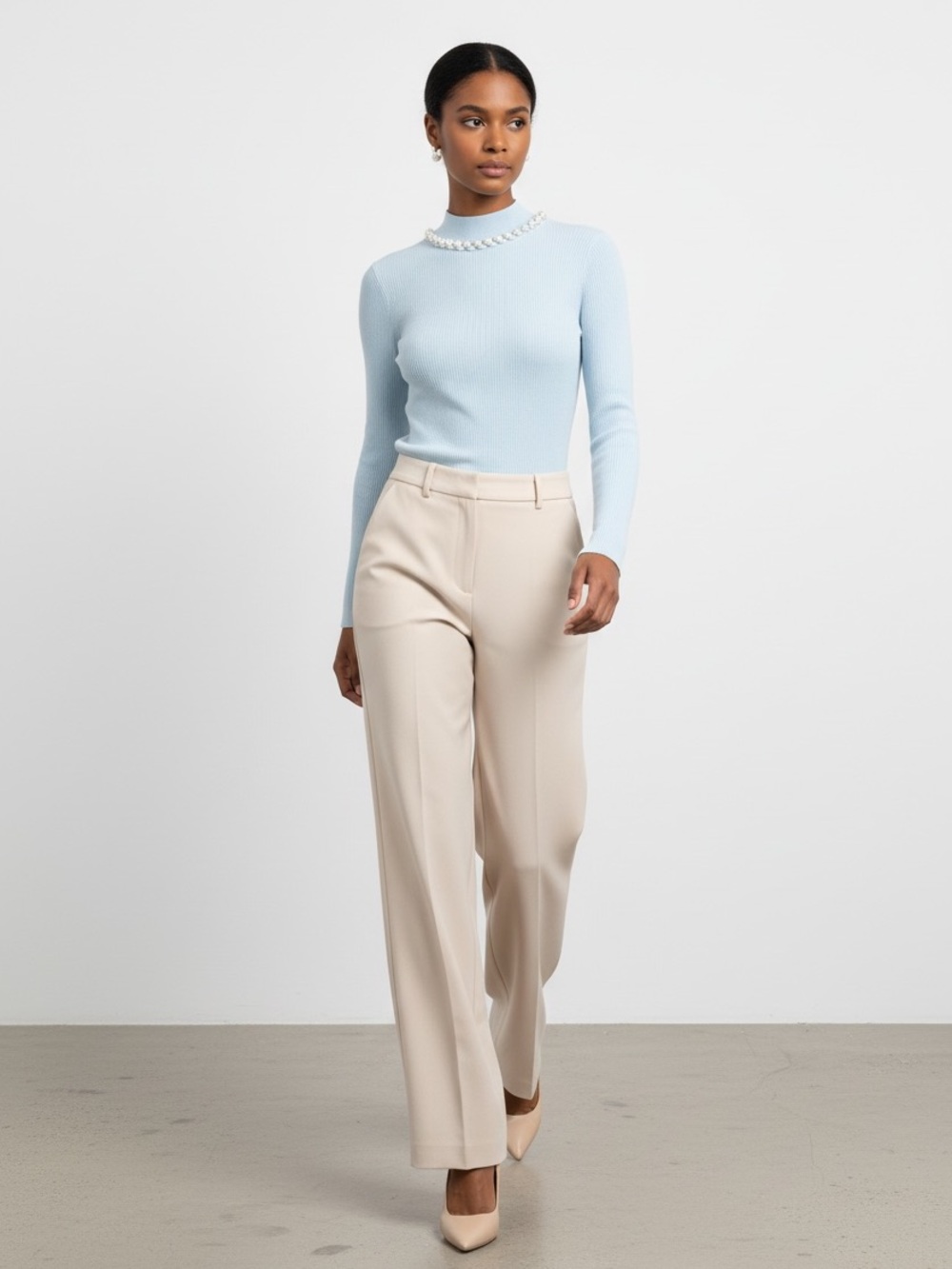 1654 • Blue Viscose Blend Ribbed Long Sleeve Mock Neck w/Pearl Strand Detail - Picture 8 of 10